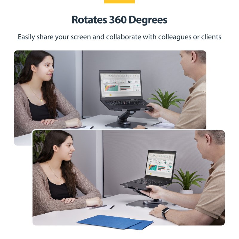 StarTech.com Telescopic Laptop Stand, 360 Swivel Base, Rotating Computer Riser for Desk, Adjustable Height and Tilt,