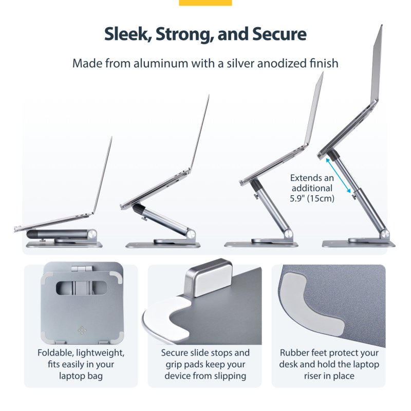 StarTech.com Telescopic Laptop Stand, 360 Swivel Base, Rotating Computer Riser for Desk, Adjustable Height and Tilt,