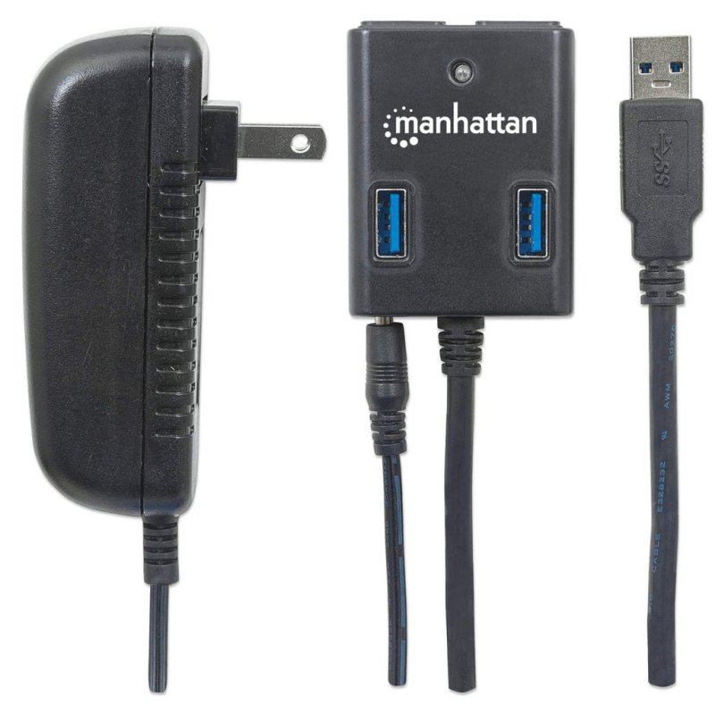 Manhattan USB-A 4-Port Hub, 4x USB-A Ports, 5 Gbps (USB 3.2 Gen1 aka USB 3.0), AC or Bus Power, Fast charge up to 0.9A