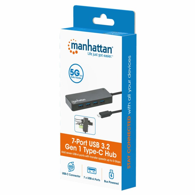 Manhattan USB-C Dock/Hub, Ports (x7): USB-A (x7), 5 Gbps (USB 3.2 Gen1 aka USB 3.0), External Power Supply Not Needed,