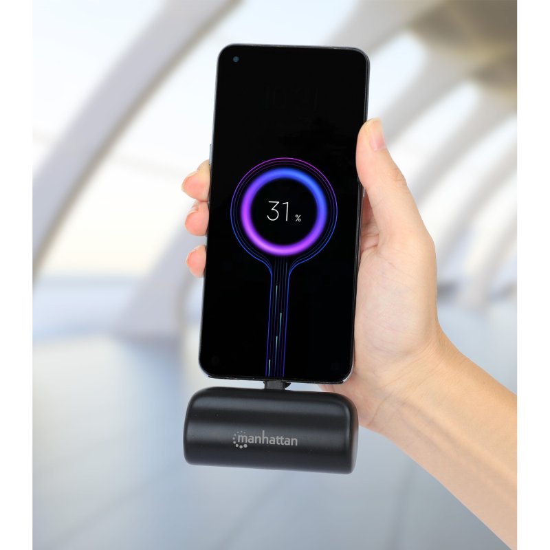 Manhattan Power Bank with integrated USB-C plug, 5000 mAh, Up to 10W output, Kickstand for Use as Charging Phone