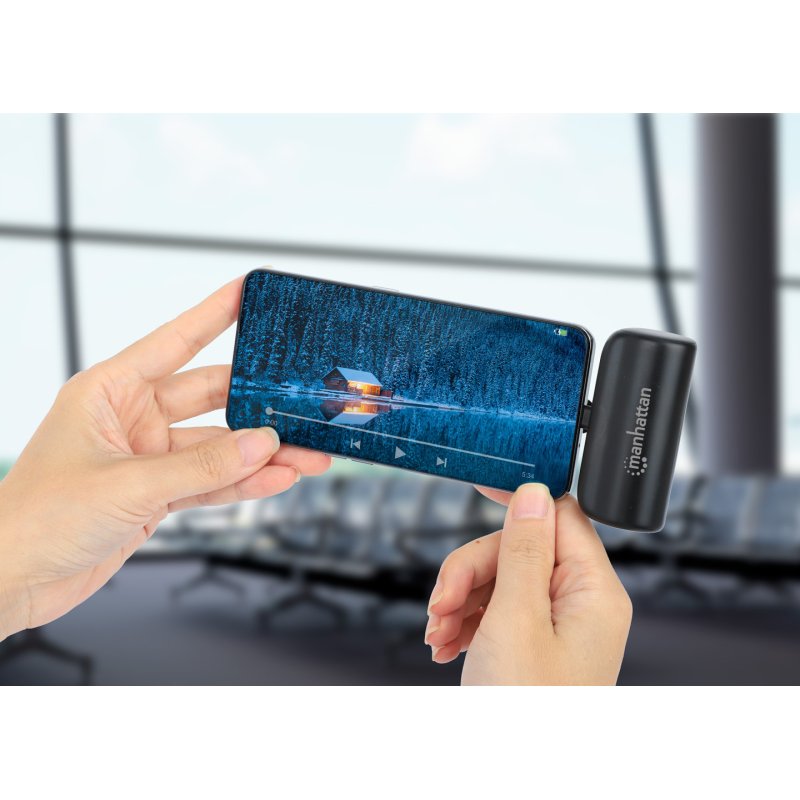 Manhattan Power Bank with integrated USB-C plug, 5000 mAh, Up to 10W output, Kickstand for Use as Charging Phone