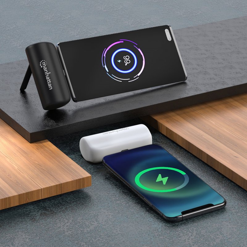 Manhattan Power Bank with integrated USB-C plug, 5000 mAh, Up to 10W output, Kickstand for Use as Charging Phone