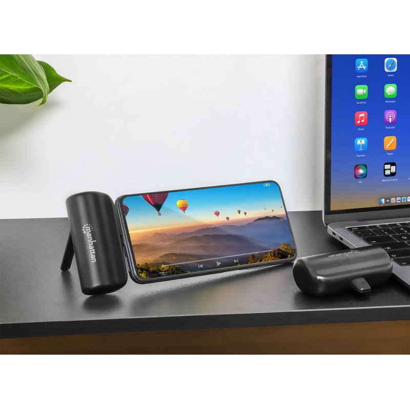 Manhattan Power Bank with integrated USB-C plug, 5000 mAh, Up to 10W output, Kickstand for Use as Charging Phone