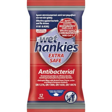 Mega Wet Hankies Extra Safe Antibacterial Wipes - 12 Pieces