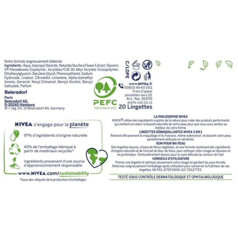 NIVEA Makeup Remover Wipes for Normal Skin 100% Plant Fibers 20 Count