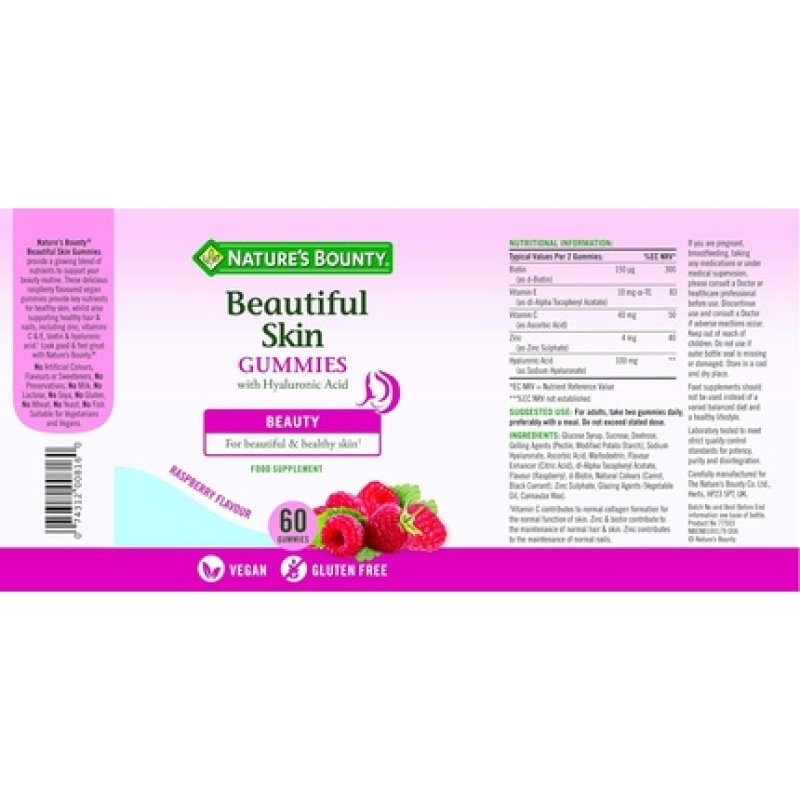 Nature's Bounty Beautiful Skin Gummies 60 Gummies 30 Day Supply Including Zinc Vitamins C & E Biotin Hyaluronic Acid