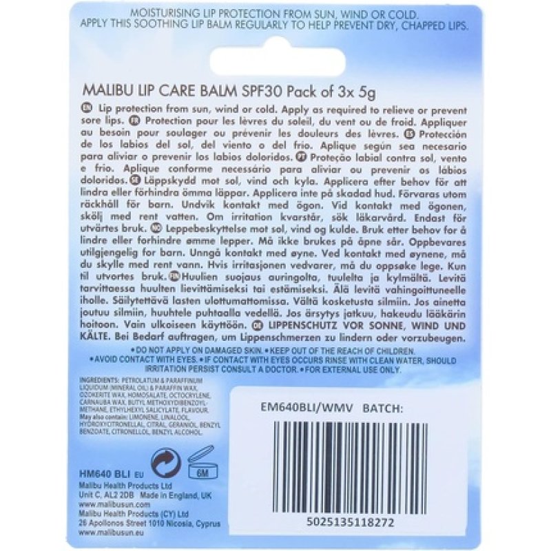 Malibu Sun SPF 30 Lip Balm Sunscreen Watermelon Mint and Vanilla 3x5g 12g