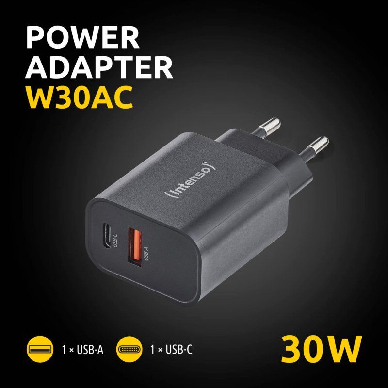 Intenso Adaptateur secteur W30AC, 30 W, ports USB-A et USB-C, noir
