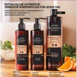 Avon Senses Essence 3 Piece Hand Soap Lotion Shower Gel Orange Geranium Top
