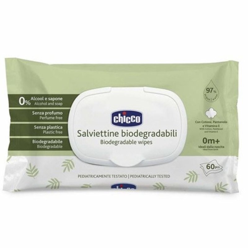 Chicco Baby Wipes With 97% Water And Biodegradable Lid - 60 Pieces