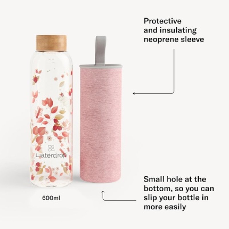 Waterdrop Edition Glass Bottle 600ml BPA Free with Bamboo Lid and Neoprene Protection Sleeve Sustainable Borosilicate