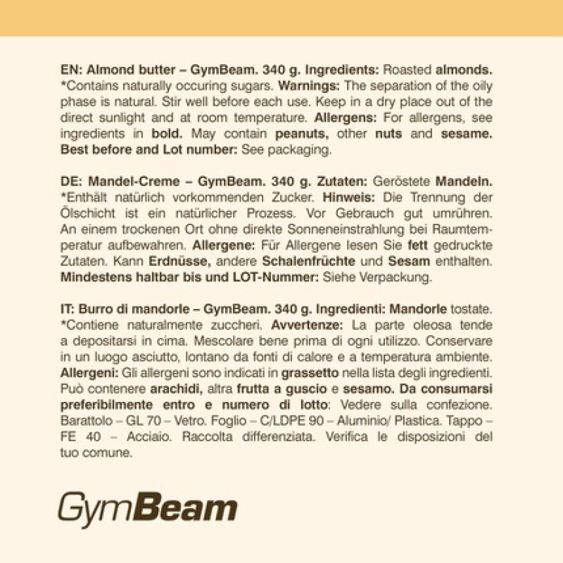 Gymbeam Almond Butter No Palm Oil Made From 100% Roasted Almonds Source Of Protein