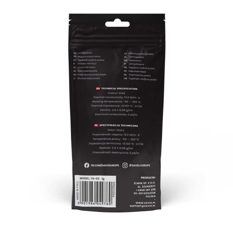 Savio TG-03 1G heat sink compound Thermal paste 13.5 W/m·K