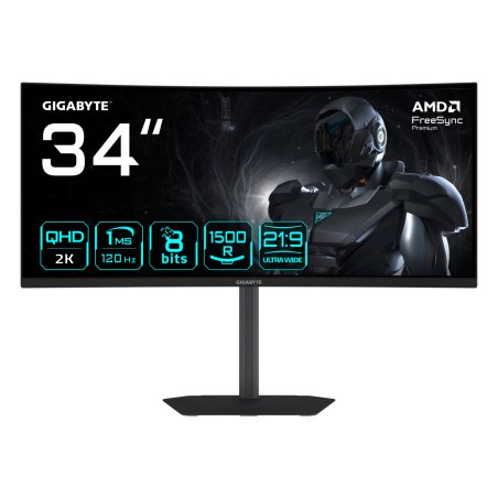GIGABYTE GS34WQCA 34" WQHD Curved Gaming Monitor - 3440 x 1440, 1500R, 120Hz, 1ms, 300 cd/m², FreeSync Premium, HDR