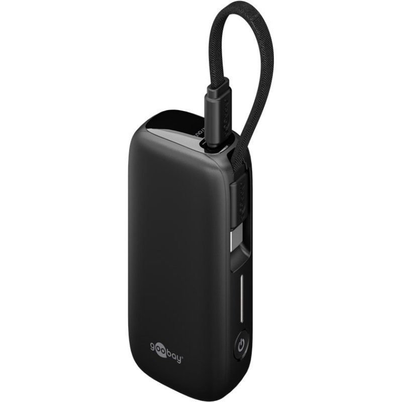 Powerbank 5.000 mAh, integriertes USB-C Kabel 13cm, 20 Watt (schwarz, 5 Ah, 1x USB-A, 1x USB-C, PD, QC)