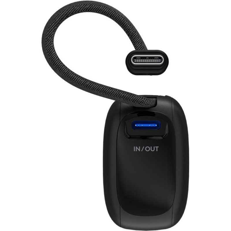 Powerbank 5.000 mAh, integriertes USB-C Kabel 13cm, 20 Watt (schwarz, 5 Ah, 1x USB-A, 1x USB-C, PD, QC)