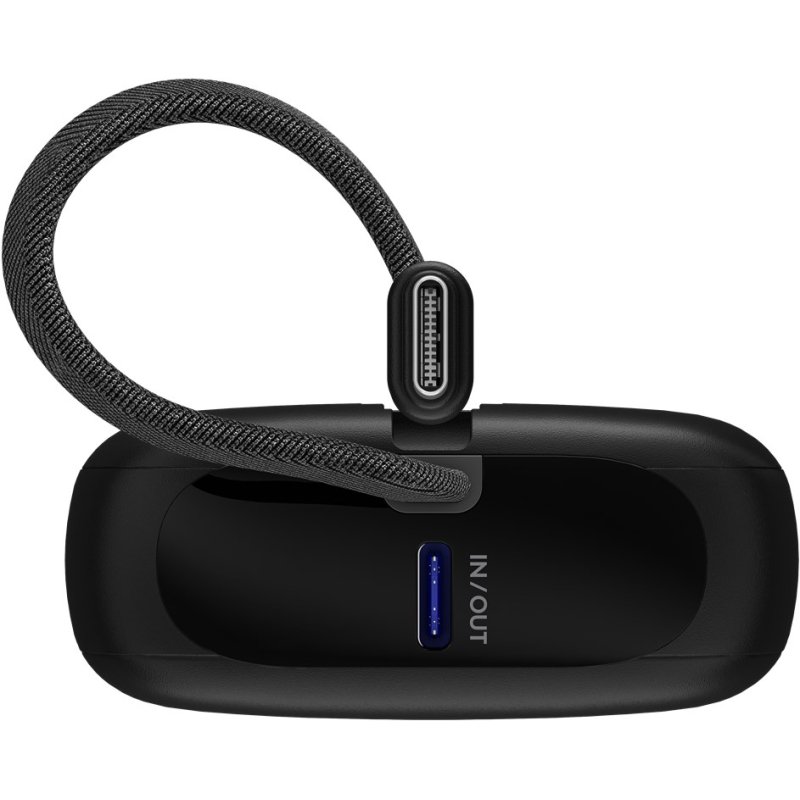 Powerbank 10.000 mAh, integriertes USB-C Kabel 13cm, 20 Watt (schwarz, 10 Ah, 1x USB-A, 2x USB-C, PD, QC)