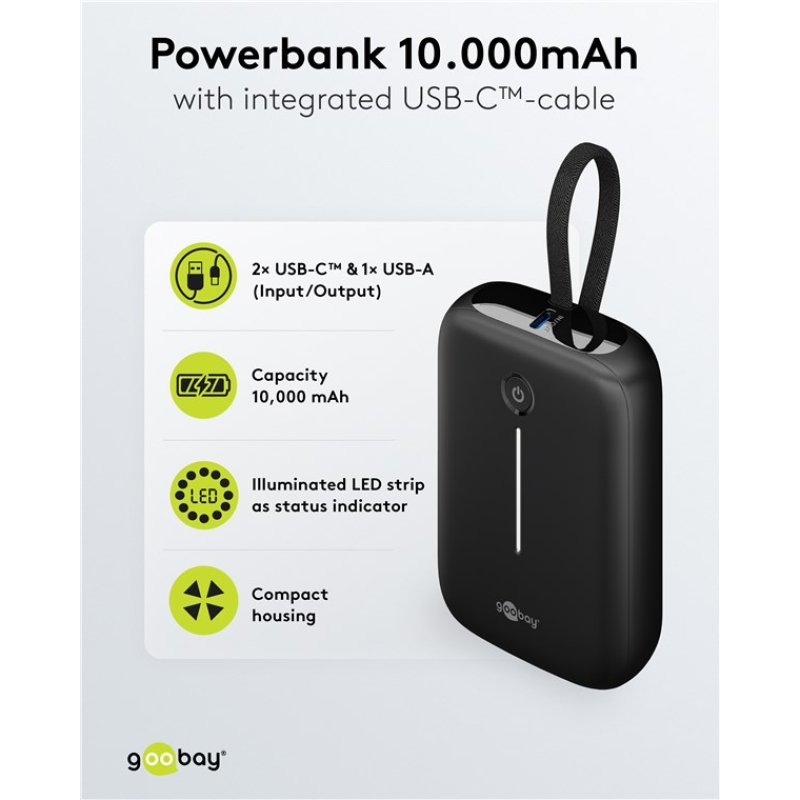 Powerbank 10.000 mAh, integriertes USB-C Kabel 13cm, 20 Watt (schwarz, 10 Ah, 1x USB-A, 2x USB-C, PD, QC)