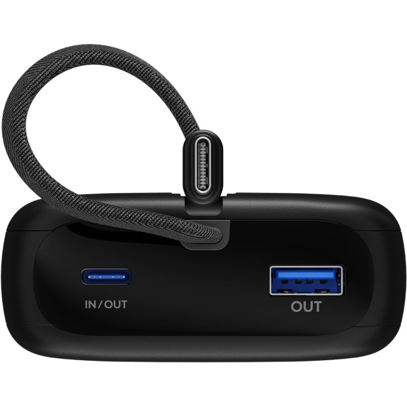 Powerbank 20.000 mAh, integriertes USB-C Kabel 13cm, 30 Watt (schwarz, 20 Ah, 1x USB-A, 2x USB-C, PD, QC)