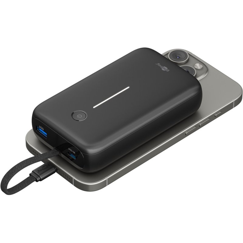 Powerbank 20.000 mAh, integriertes USB-C Kabel 13cm, 30 Watt (schwarz, 20 Ah, 1x USB-A, 2x USB-C, PD, QC)