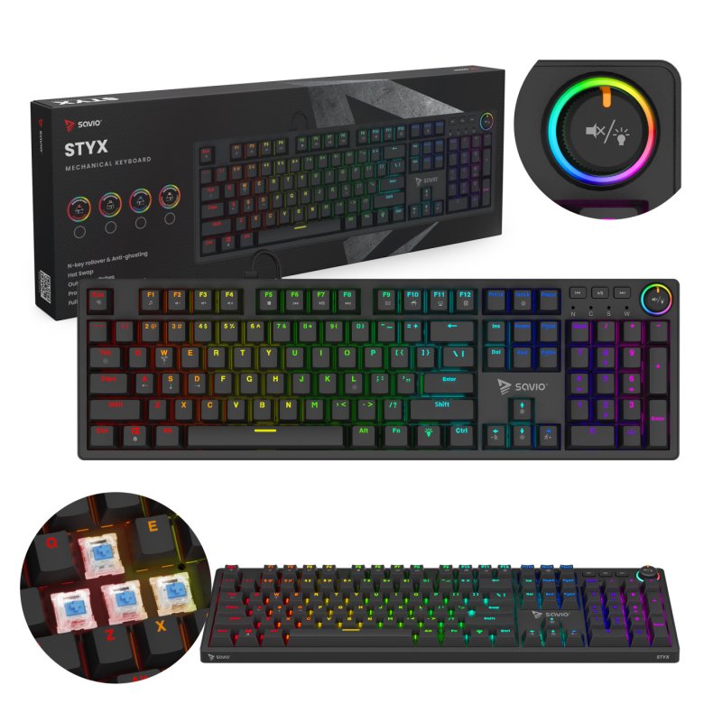 Savio STYX Outemu Blue, Hot Swap, RGB clavier Gaming USB QWERTY US International Noir