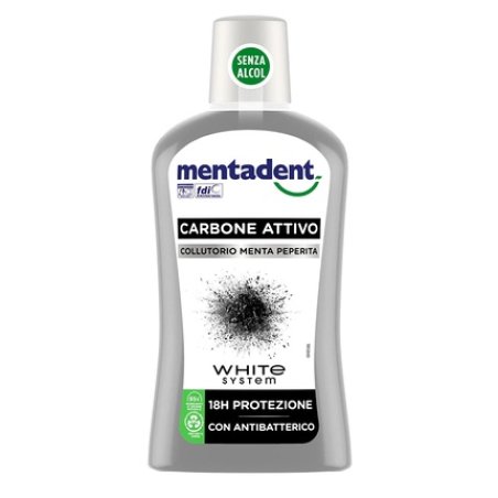Mentadent White System Activated Charcoal Mouthwash with 18 Hour Antibacterial Protection and Delicate Peppermint