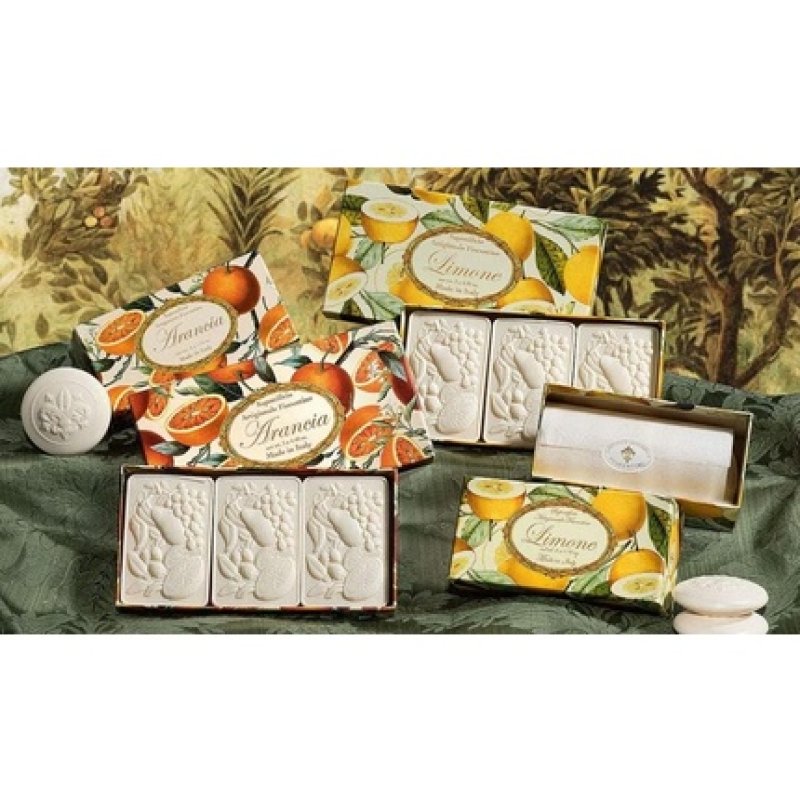 Orange Soap Box of 6 Round Soaps Carved with Florentine Lily 6 x 1.76 oz