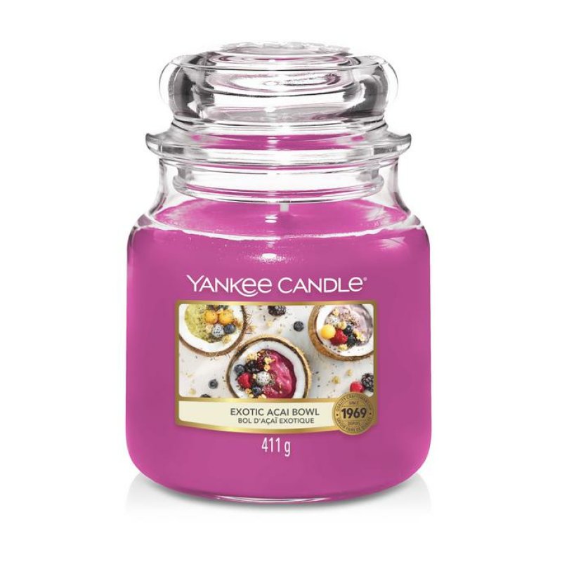Yankee Candle Exotic Acai Bowl Medium Jar bougie en cire Cylindre Cassis, Cerise (fruit), Noix de coco, Jasmin, Musc,