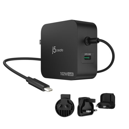 j5create Chargeur 102 W GaN PD USB-C 2 ports avec prises secteur interchangeables