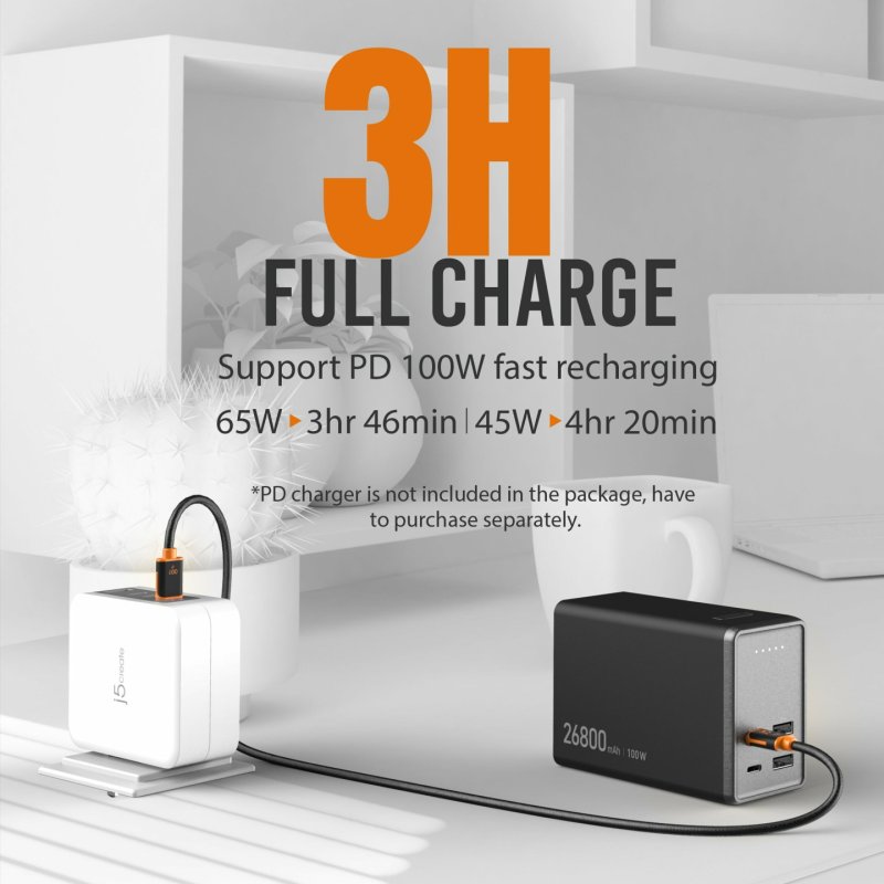 j5create JPB264100 26800mAh PD 100W 4-Port Power Bank, Black