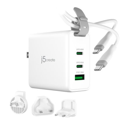 j5create Chargeur de voyage 65 W GaN USB-C 3 ports avec prises secteur interchangeables et câble USB-C