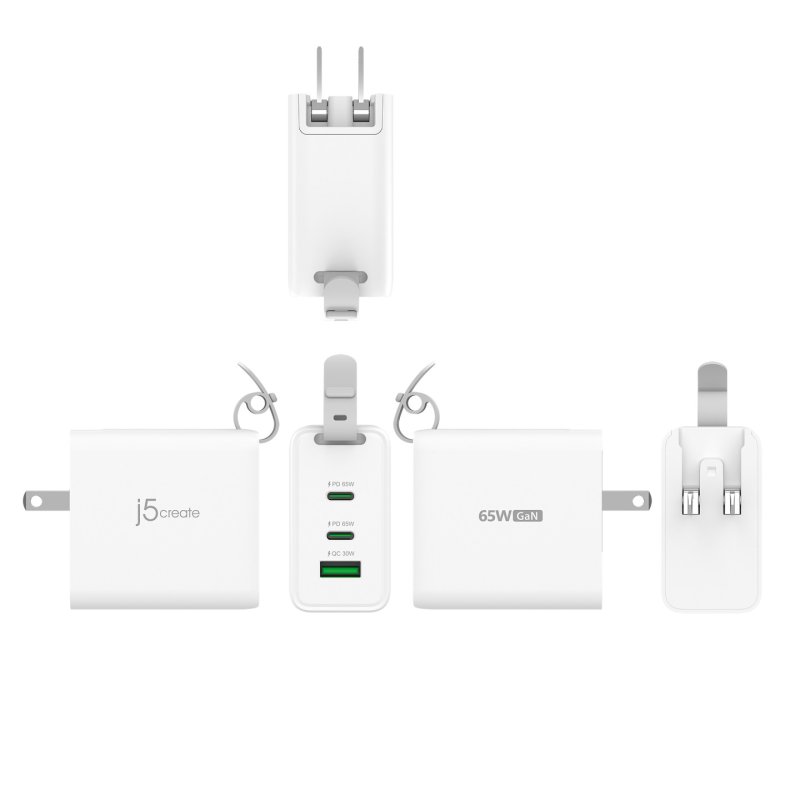 j5create 65W GaN USB-C 3-Port Traveler Charger with changeable AC plugs and USB-C cable