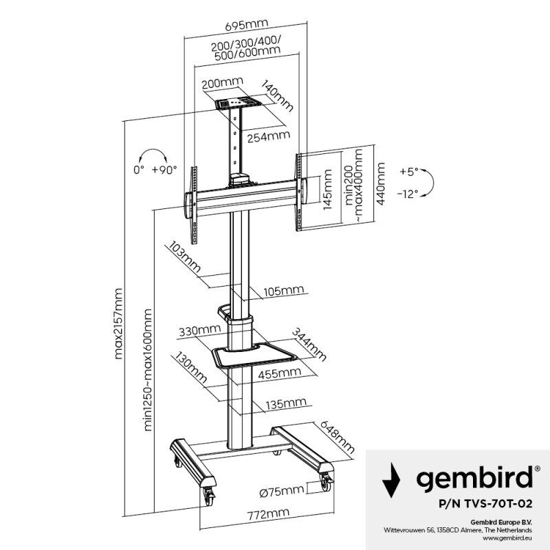 Gembird TVS-70T-02 Aluminum TV floor stand with caster wheels 37 - 70 black