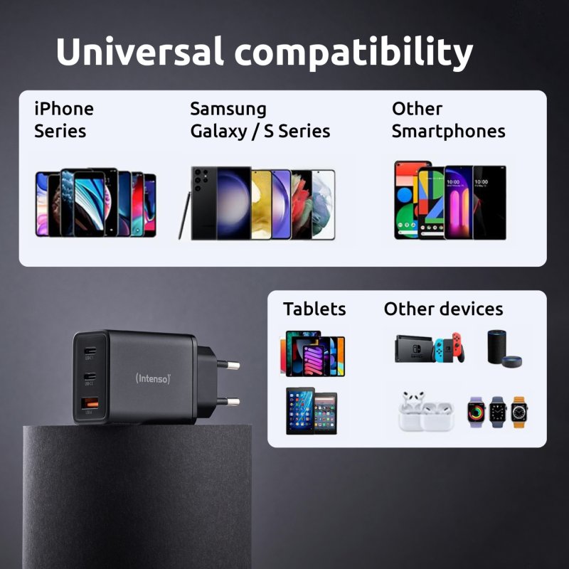 Intenso Power Adapter W65ACC, USB power adapter with 1 USB-A and 2 USB-C ports, black