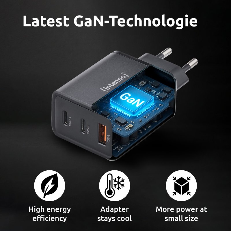 Intenso Power Adapter W65ACC, USB power adapter with 1 USB-A and 2 USB-C ports, black