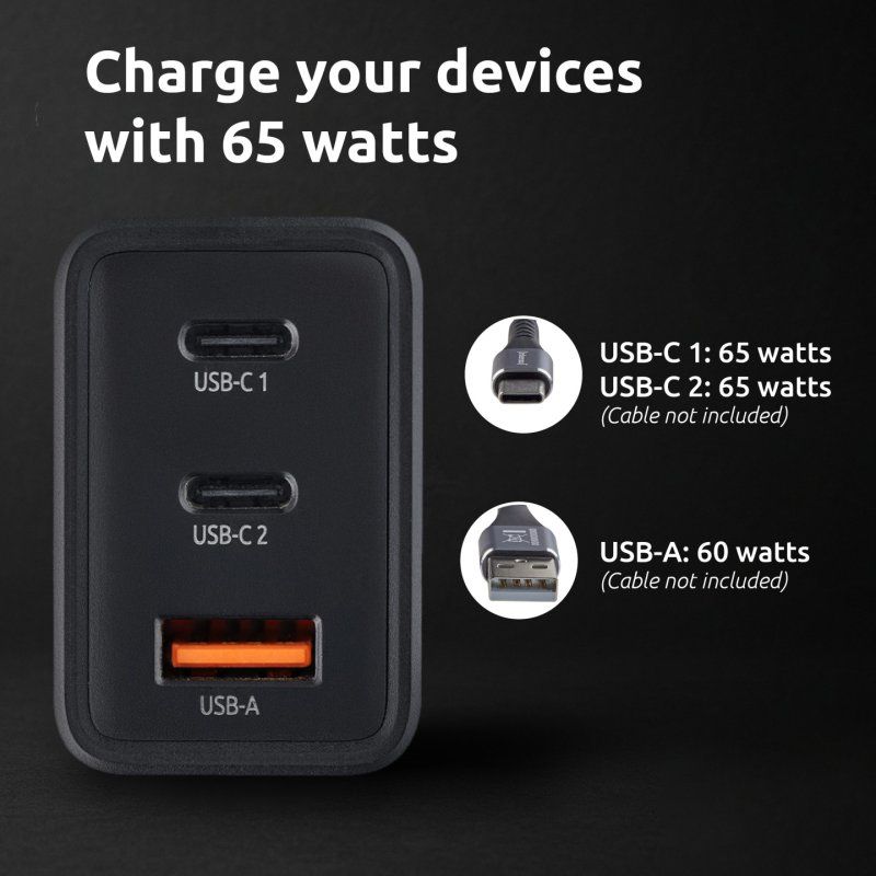 Intenso Adaptateur secteur W65ACC, chargeur USB avec 1 port USB-A et 2 ports USB-C, noir