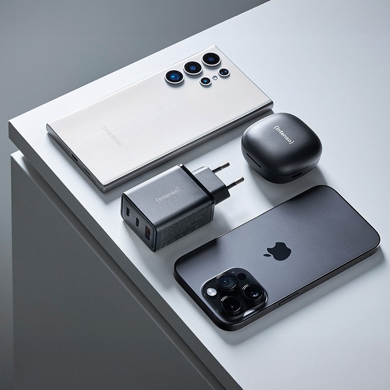 Intenso Power Adapter W65ACC, USB power adapter with 1 USB-A and 2 USB-C ports, black