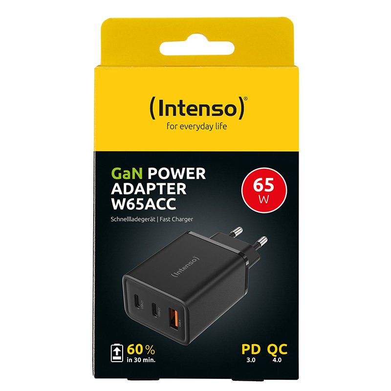 Intenso Power Adapter W65ACC, USB power adapter with 1 USB-A and 2 USB-C ports, black