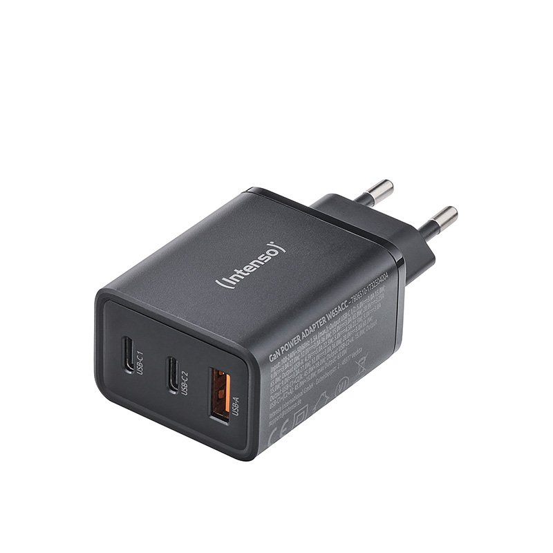 Intenso Power Adapter W65ACC, USB power adapter with 1 USB-A and 2 USB-C ports, black