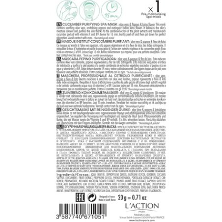 L'Action Paris Cucumber Purifying Spa Mask Sheet Mask Balances and Purifies