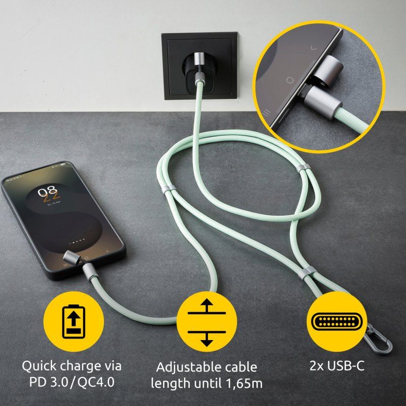 Intenso USB-C Charging Lanyard – Phone Necklace Cable, 60W Fast Charging, Adjustable Length, 1.65 m Nylon, USB-C to