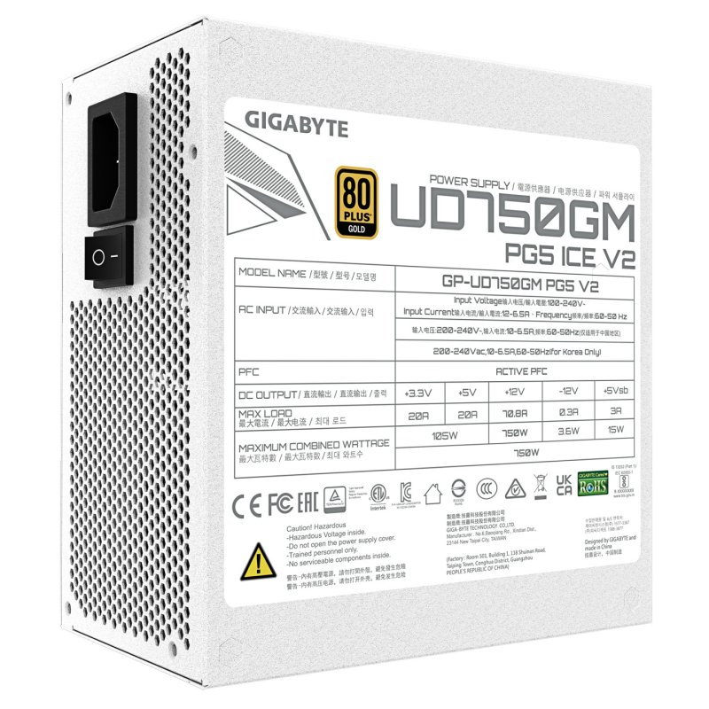 GIGABYTE UD750GM PG5 V2 ICE Power Supply Unit- PCIe Gen 5.1, 80 PLUS Gold, Fully Modular Design, 120mm Fan, ATX 3.1