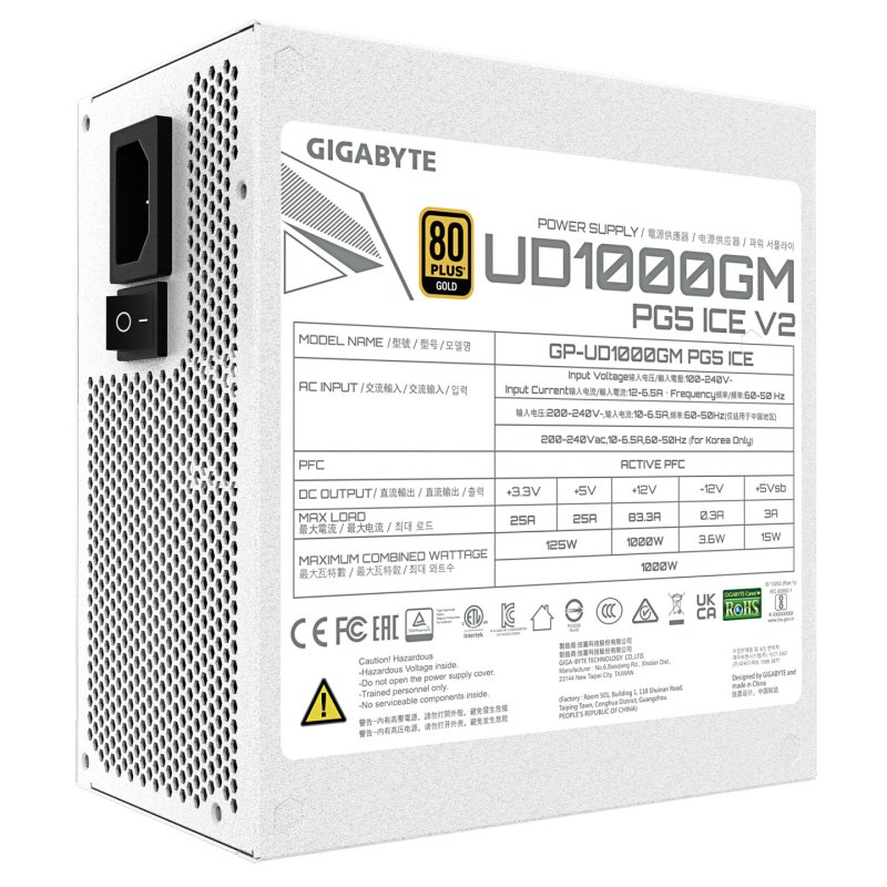 GIGABYTE UD1000GM PG5 V2 ICE Bloc d’Alimentation – PCIe Gen 5.1, 80 PLUS Gold, Conception entièrement modulaire,