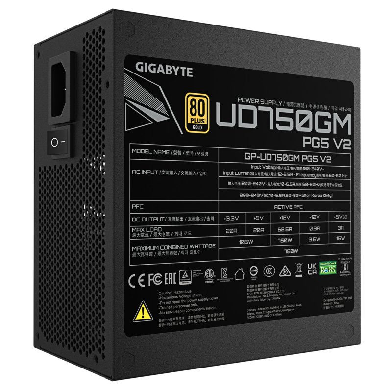 GIGABYTE UD750GM PG5 V2 Power Supply Unit- PCIe Gen 5.1, 80 PLUS Gold, Fully Modular Design, 120mm Fan, ATX 3.1