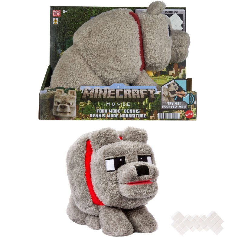 Minecraft Food Mode Dennis Plush Interactive Toy with Sounds & Bone Accessory, Inspired by the Movie