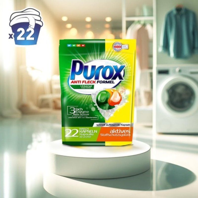 PUROX CAPS UNIVERSAL 22 WL Laundry Caps 2 Chambers for Color Textiles Doypack Detergent 396g - Pack of 22