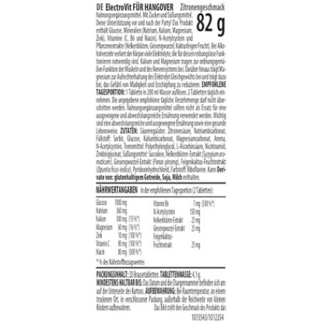 Activlab ElectroVit Hangover Support with Glucose, Electrolytes, and Plant Extracts 20 Effervescent Tablets Lemon