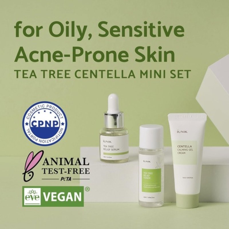 iUNIK Centella Mini Set Travel-Friendly Skincare Set Tea Tree Relief Toner Serum Centella Calming Gel Cream