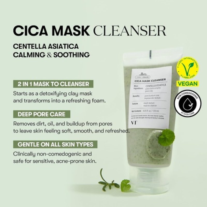 Vt Cosmetics Cica Mask Cleanser 2-in-1 Facial Wash and Non-Drying Clay Mask